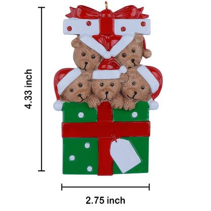Personalized Gift Box Bear Family of 5 Christmas Ornament