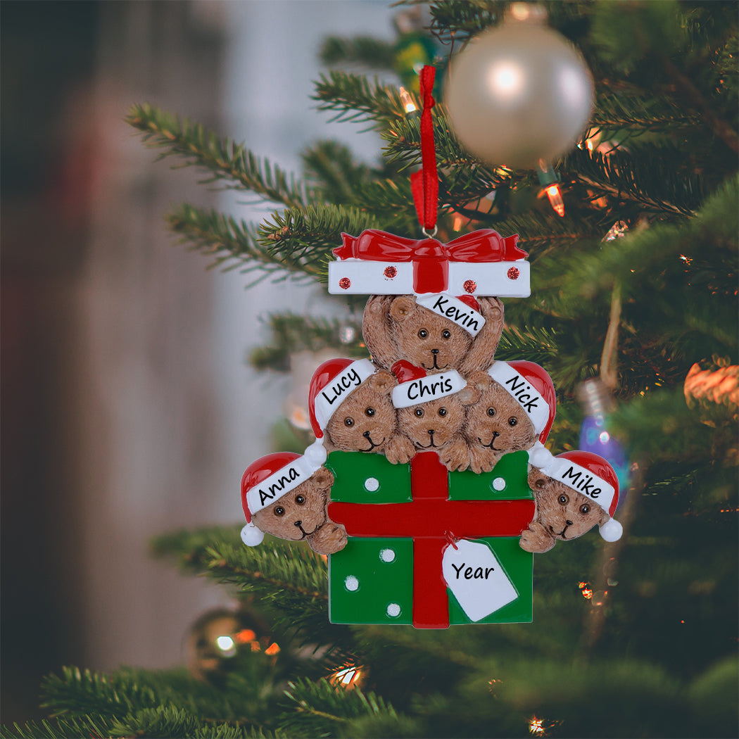 Personalized Gift Box Bear Family of 6 Christmas Ornament