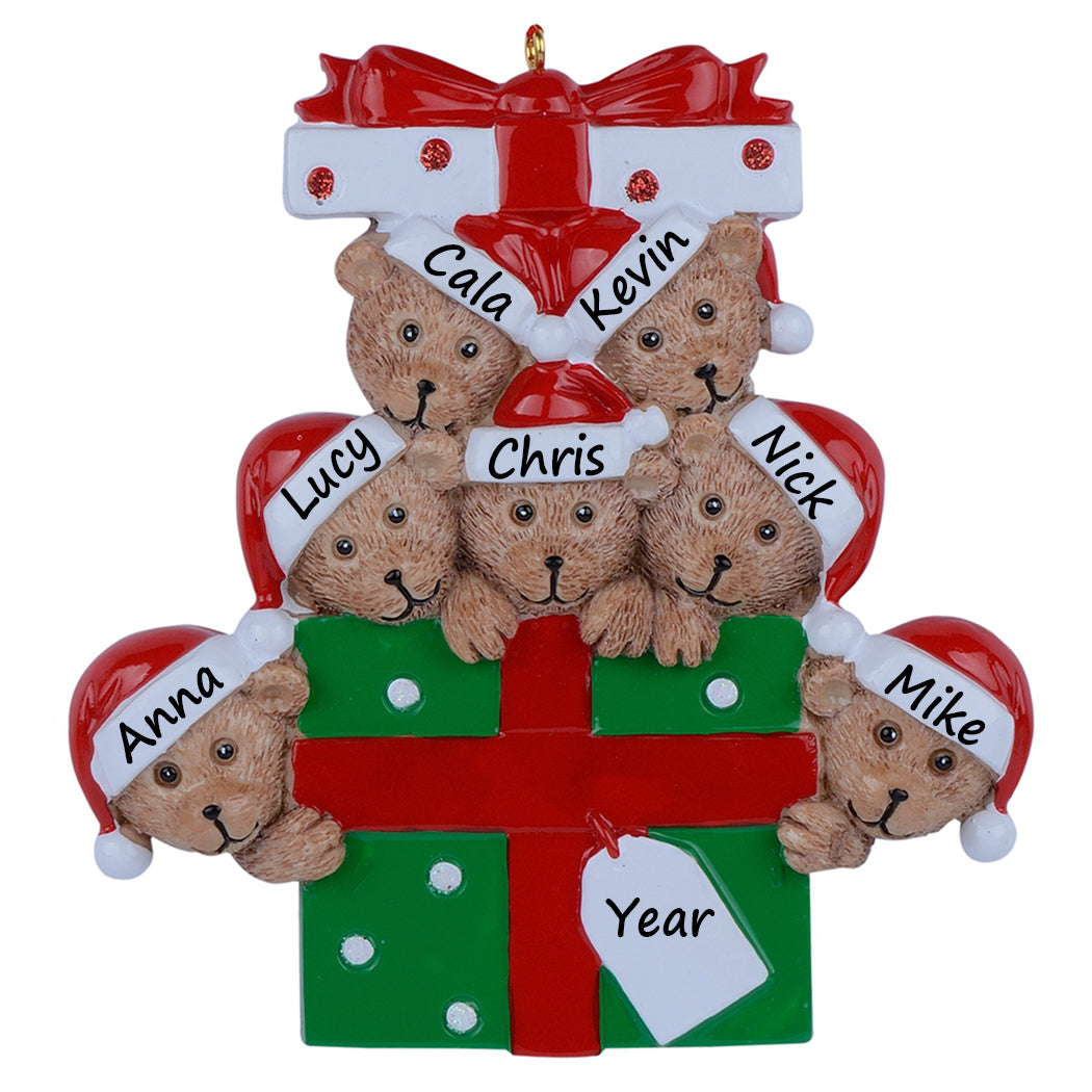 Personalized Gift Box Bear Family of 7 Christmas Ornament