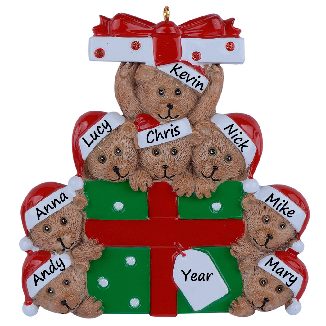 Personalized Gift Box Bear Family of 8 Christmas Ornament
