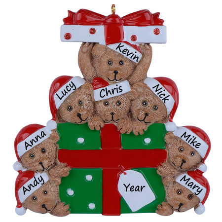 Personalized Gift Box Bear Family of 8 Christmas Ornament