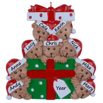 Personalized Gift Box Bear Family of 9 Christmas Ornament
