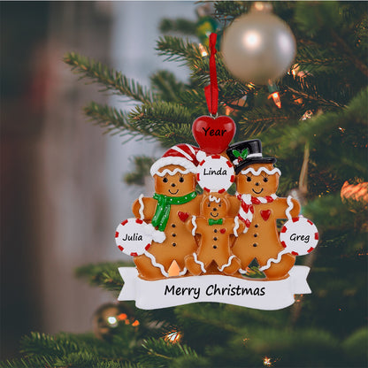 Personalized Gingerbread Family of 3 Christmas Ornament