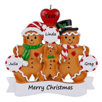 Personalized Gingerbread Family of 3 Christmas Ornament