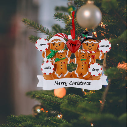 Personalized Gingerbread Family of 4 Christmas Ornament