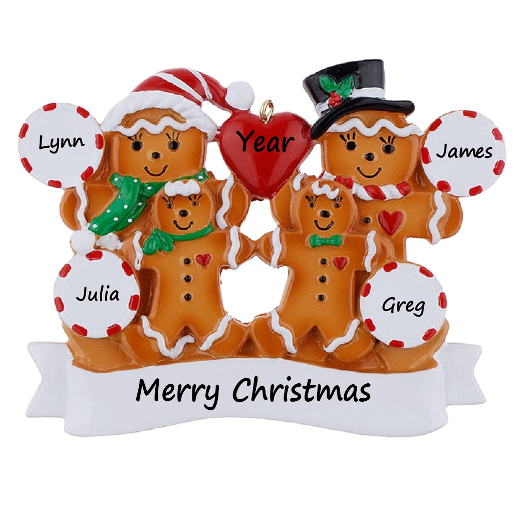 Personalized Gingerbread Family of 4 Christmas Ornament