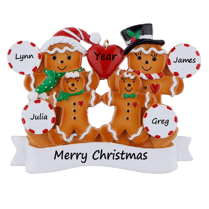 Personalized Gingerbread Family of 4 Christmas Ornament
