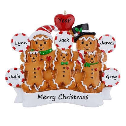 Personalized Gingerbread Family of 5 Christmas Ornament