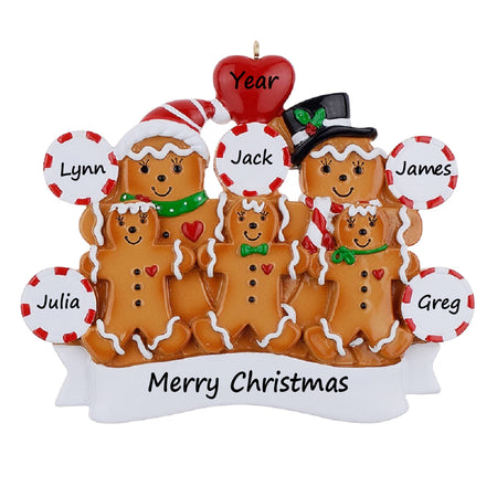 Personalized Gingerbread Family of 5 Christmas Ornament