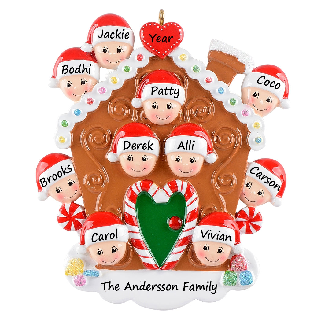 Personalized Gingerbread House Family of 10 Christmas Ornament