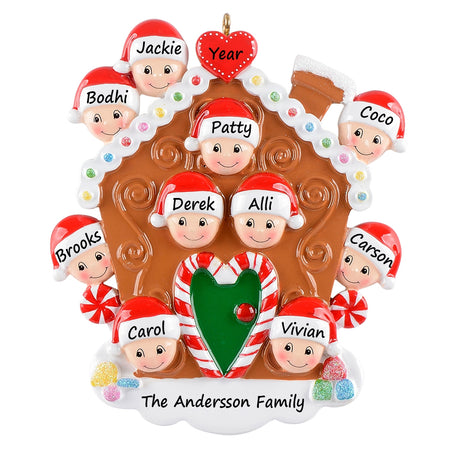 Personalized Gingerbread House Family of 10 Christmas Ornament