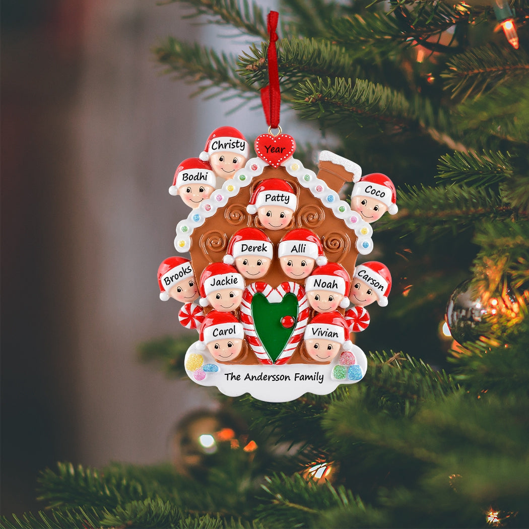 Personalized Gingerbread House Family of 12 Christmas Ornament