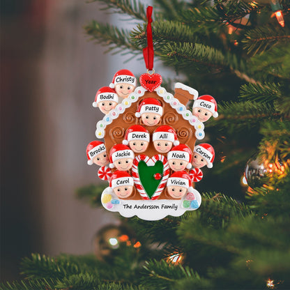 Personalized Gingerbread House Family of 12 Christmas Ornament