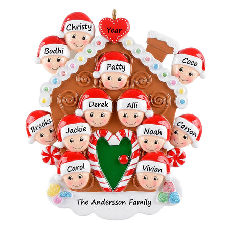 Personalized Gingerbread House Family of 12 Christmas Ornament