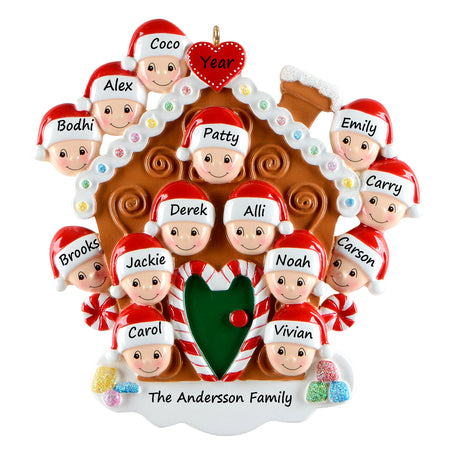 Personalized Gingerbread House Family of 14 Christmas Ornament