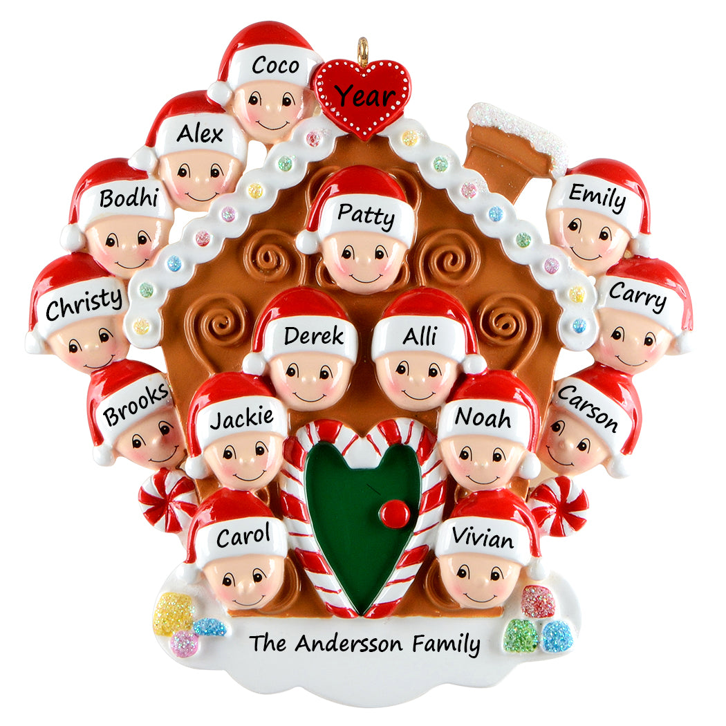 Personalized Gingerbread House Family of 15 Christmas Ornament