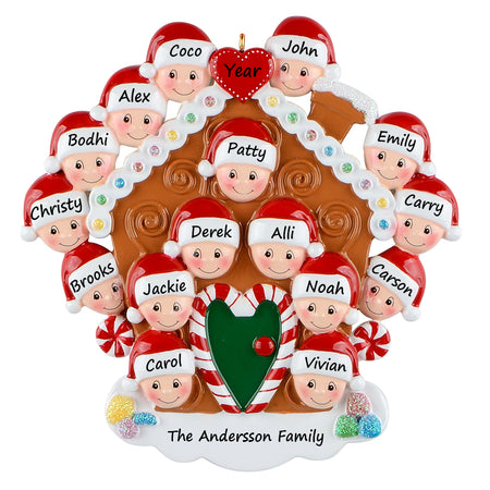 Personalized Gingerbread House Family of 16 Christmas Ornament