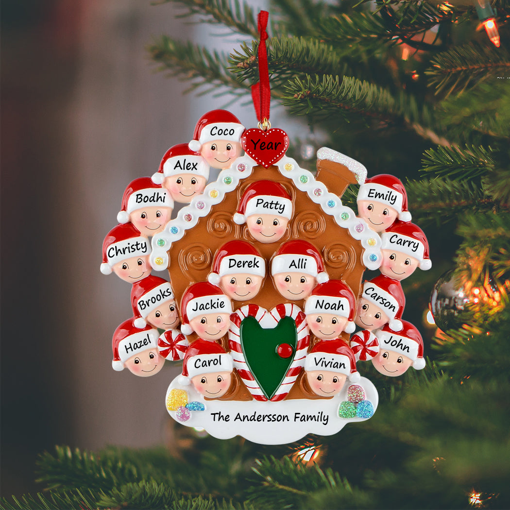 Personalized Gingerbread House Family of 17 Christmas Ornament