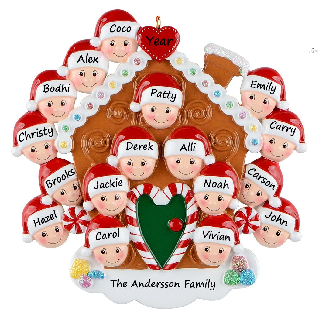 Personalized Gingerbread House Family of 17 Christmas Ornament