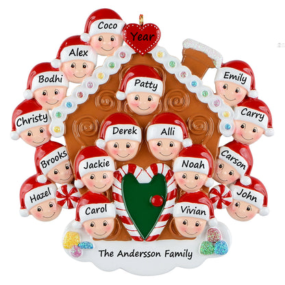 Personalized Gingerbread House Family of 17 Christmas Ornament