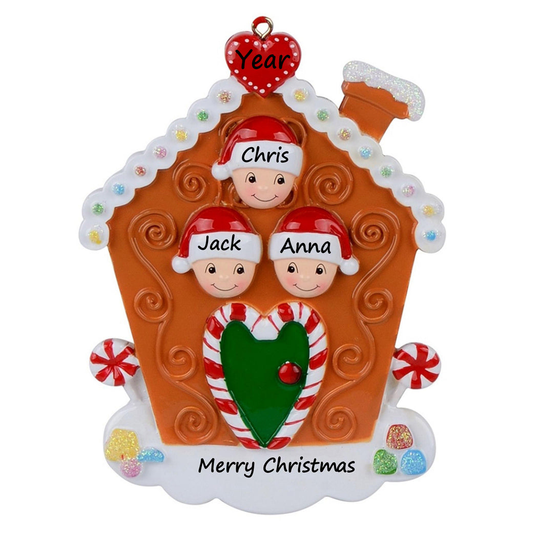 Personalized Gingerbread House Family of 3 Christmas Ornament