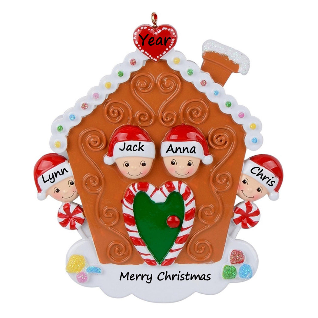 Personalized Gingerbread House Family of 4 Christmas Ornament