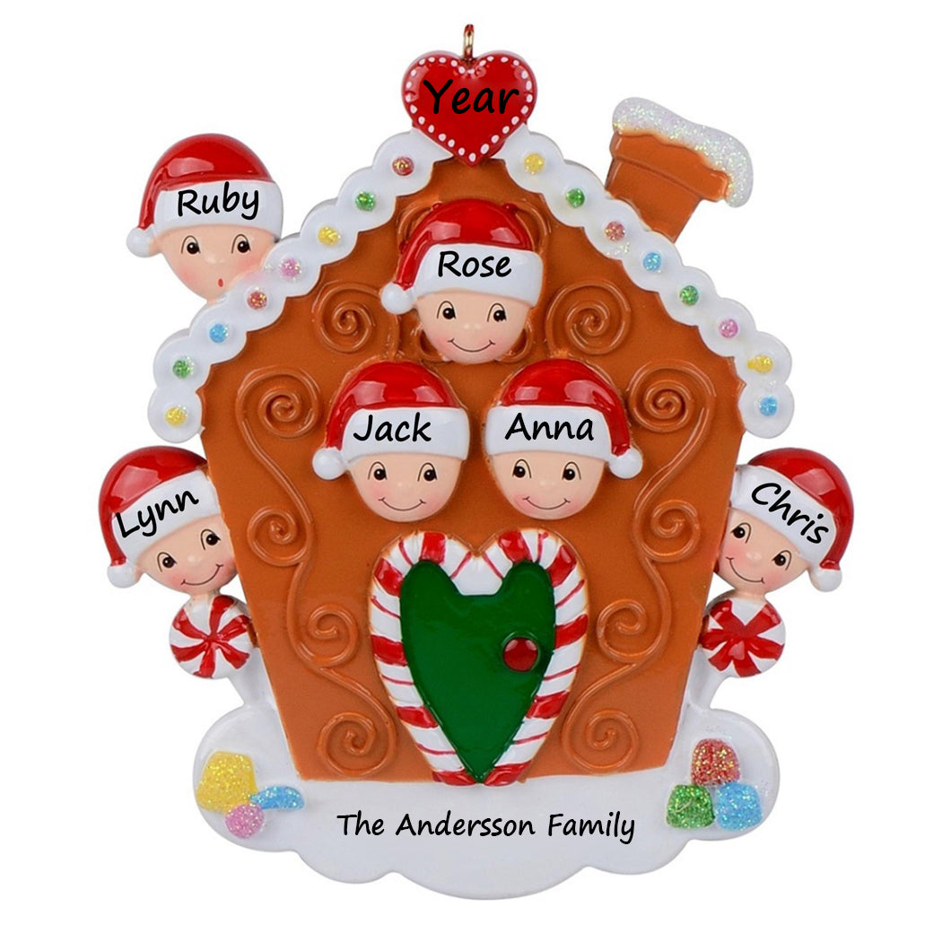 Personalized Gingerbread House Family of 6 Christmas Ornament