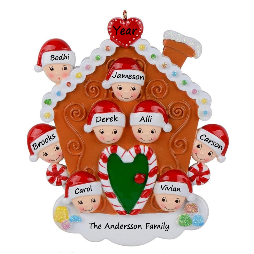 Personalized Gingerbread House Family of 8 Christmas Ornament