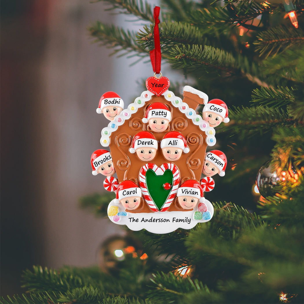 Personalized Gingerbread House Family of 9 Christmas Ornament