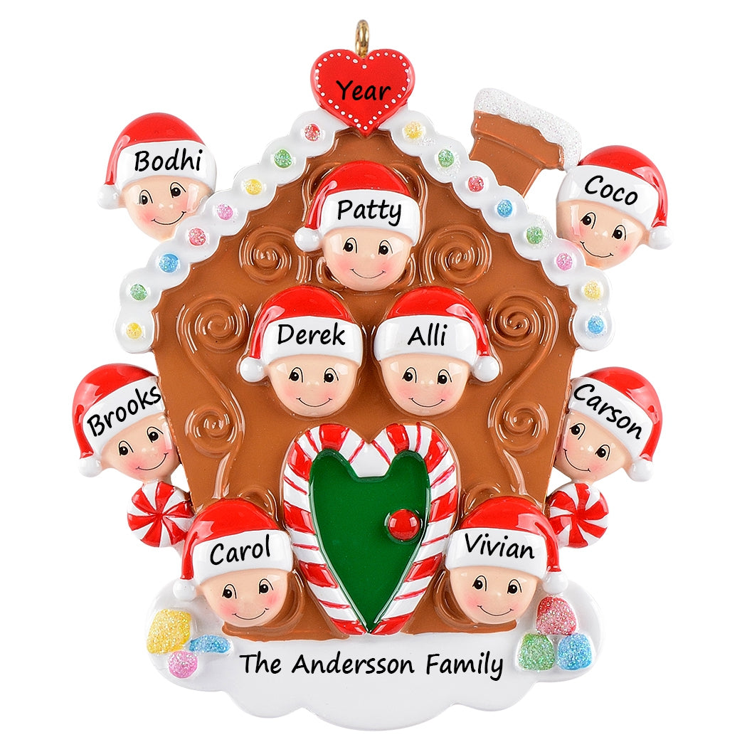 Personalized Gingerbread House Family of 9 Christmas Ornament