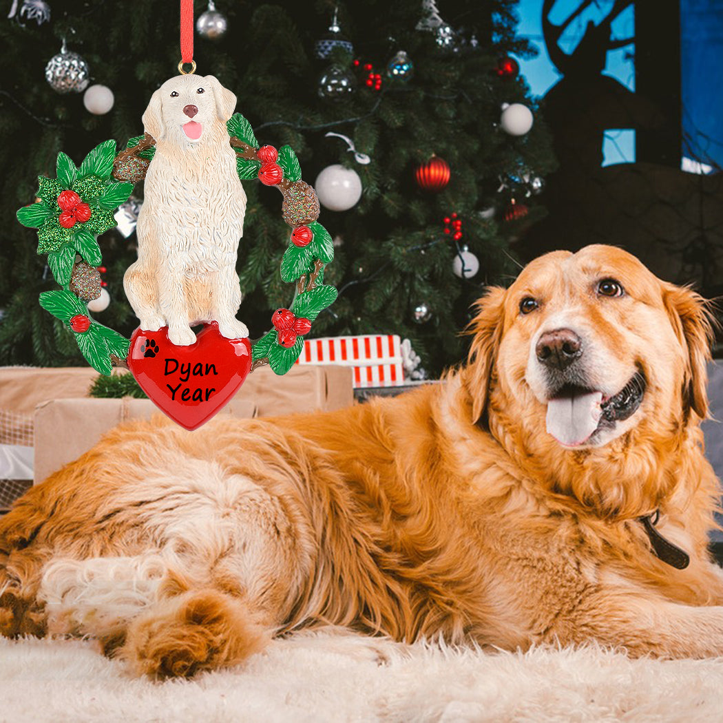 Personalized Golden Retriever Christmas Wreath Ornament