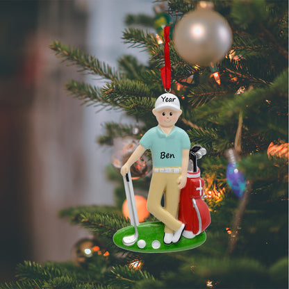 Personalized Golf Boy with Red Golf Bag Ornament