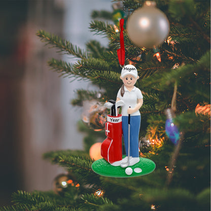 Personalized Golf Girl with Red Golf Bag Ornament