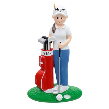 Personalized Golf Girl with Red Golf Bag Ornament