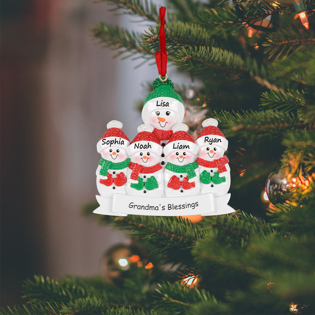 Personalized Grandma’s Blessings Snowman with 4 Grandkid Christmas Ornament
