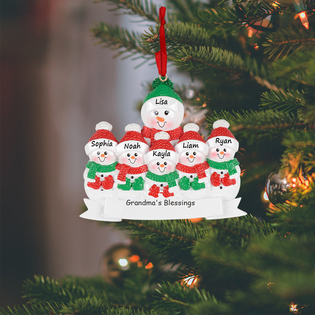 Personalized Grandma’s Blessings Snowman with 5 Grandkid Christmas Ornament