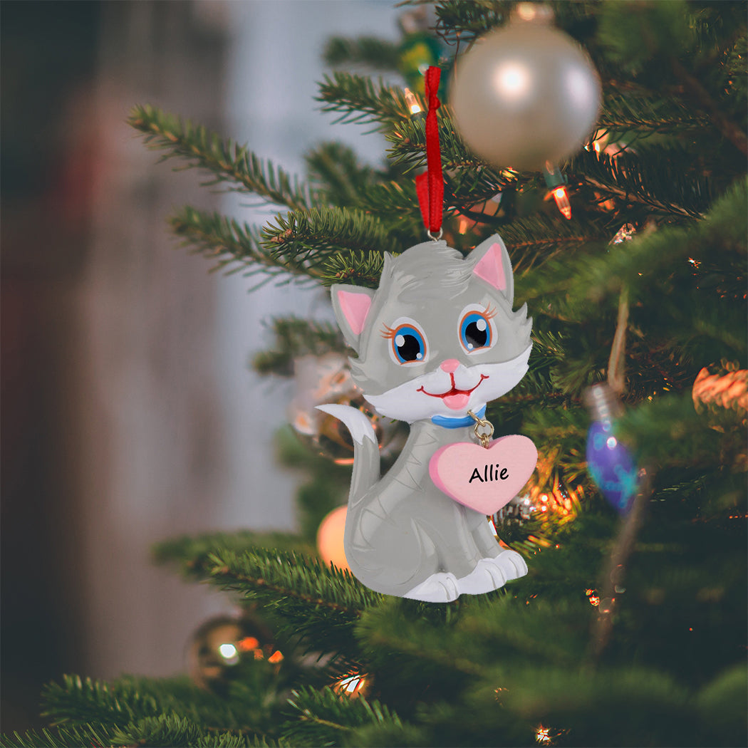 Personalized Gray Kitty with Heart Cat Ornament