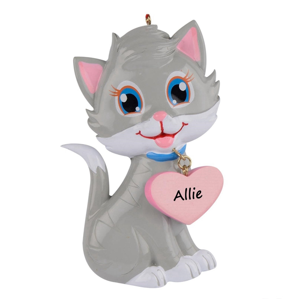 Personalized Gray Kitty with Heart Cat Ornament