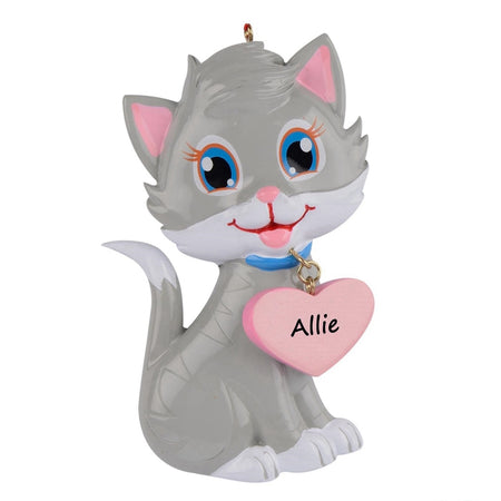 Personalized Gray Kitty with Heart Cat Ornament