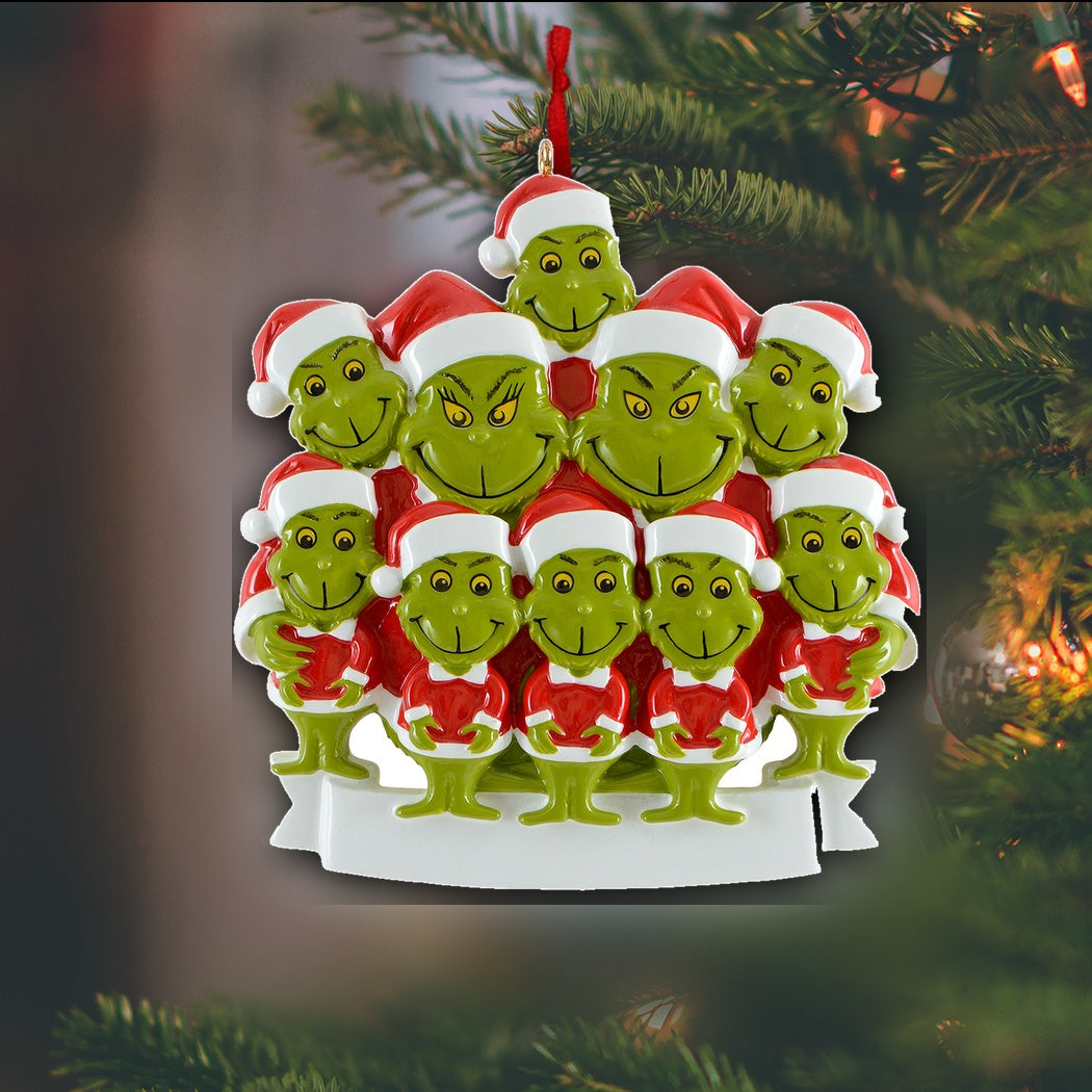 Personalized Green Monster Family of 10 Christmas Ornament