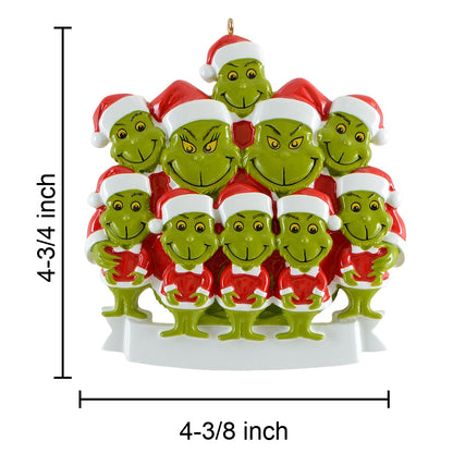 Personalized Green Monster Family of 10 Christmas Ornament