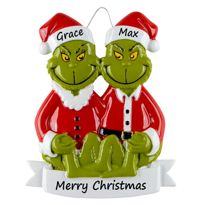 Personalized Green Monster Family of 2 Christmas Ornament