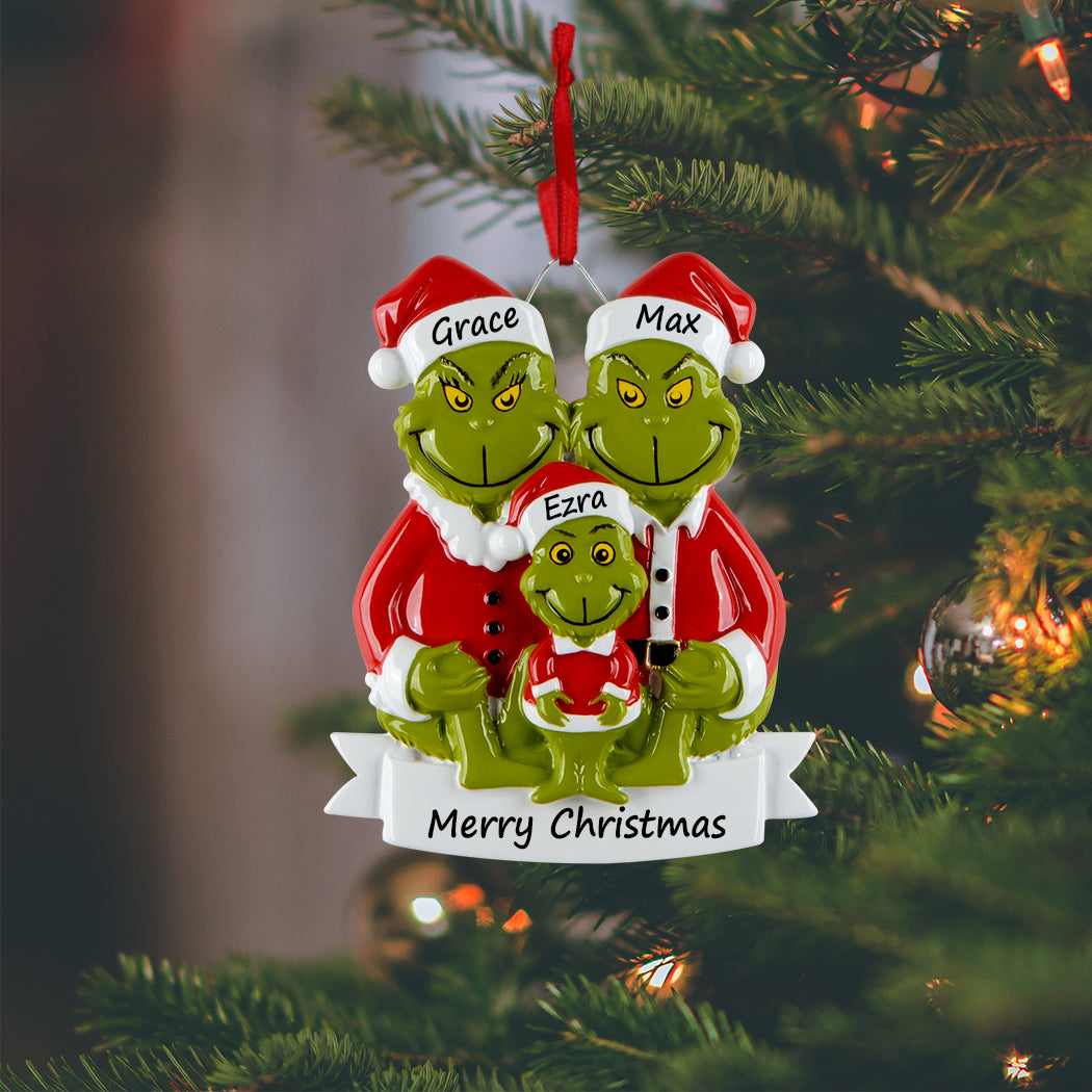 Personalized Green Monster Family of 3 Christmas Ornament