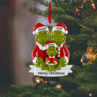 Personalized Green Monster Family of 3 Christmas Ornament