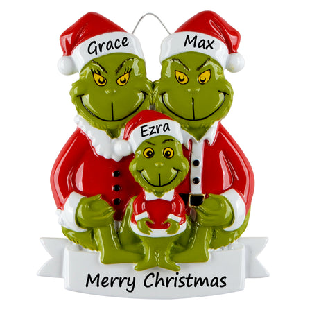 Personalized Green Monster Family of 3 Christmas Ornament