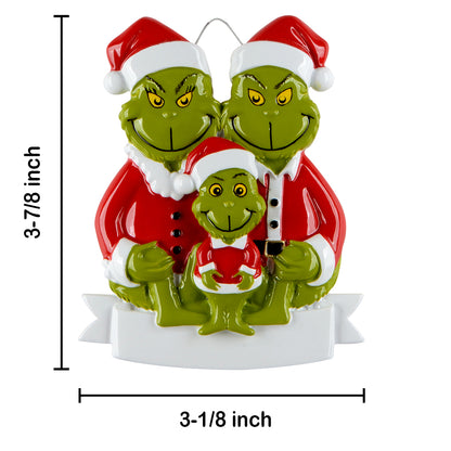 Personalized Green Monster Family of 3 Christmas Ornament