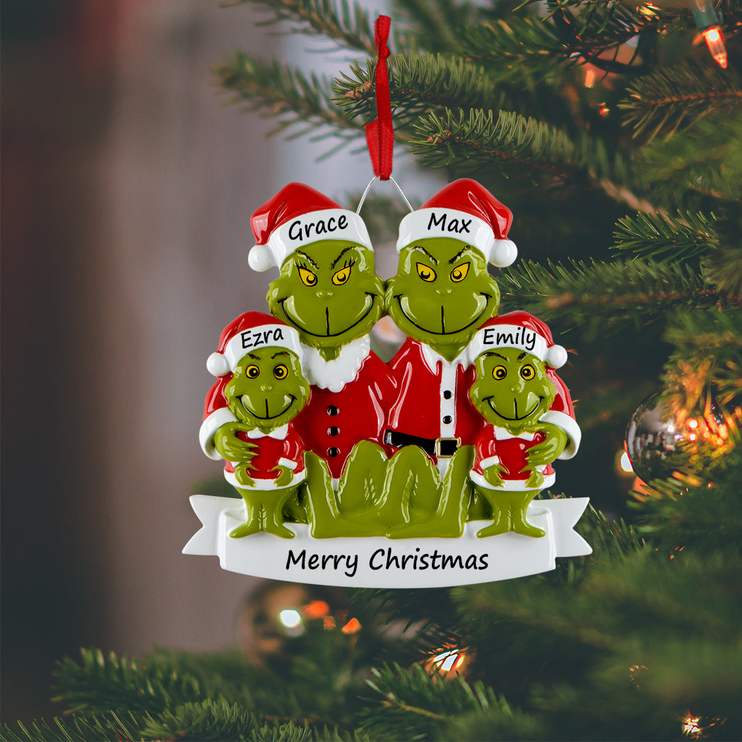 Personalized Green Monster Family of 4 Christmas Ornament