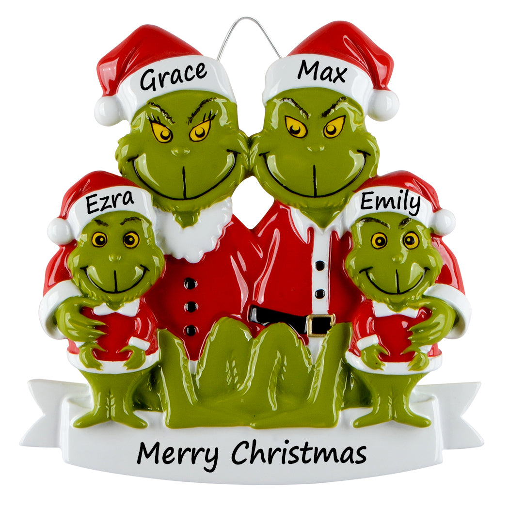 Personalized Green Monster Family of 4 Christmas Ornament