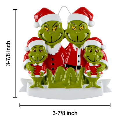 Personalized Green Monster Family of 4 Christmas Ornament