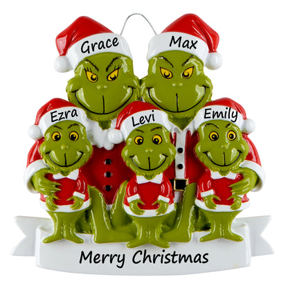 Personalized Green Monster Family of 5 Christmas Ornament